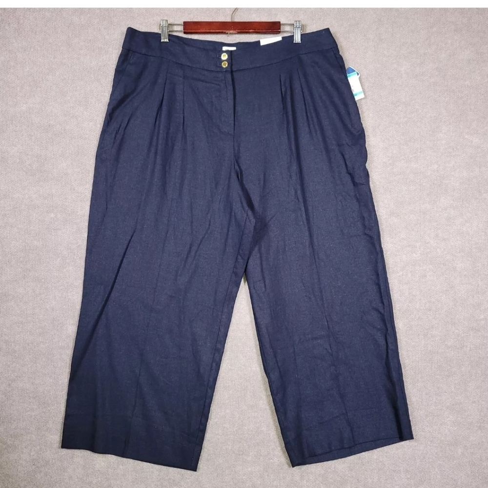 ANNE KLEIN Pants Women's 16 Blue Linen Blend Wide Leg Cropped High Rise Trousers
